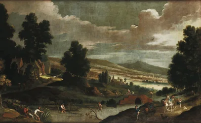 Paysage avec des voyageurs et des pêcheurs