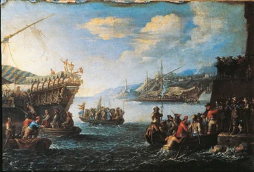 Troupes embarquant sur une galère dans le port de Gênes