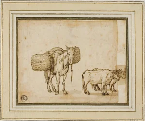 Deux croquis : Mule portant des paniers, paire de bœufs attelés