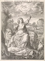 Personnification féminine du continent africain comme femme avec peau de lion assise entre des lions (Africa indignata fremens, série: Quatre continents)