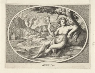 Personnification féminine du continent américain comme femme avec coiffe de plumes et flèche dans un paysage America (titre sur l