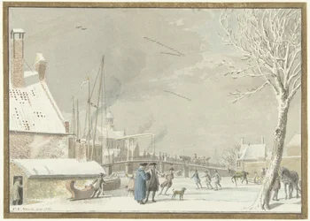 Canal de ville gelé avec patineurs