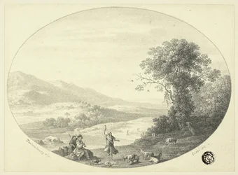 Paysage italianisant avec danseur, musiciens et chèvres
