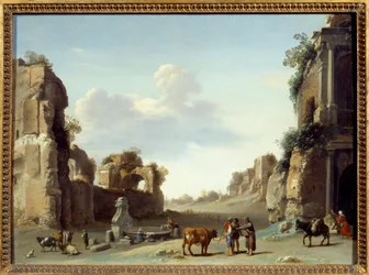 Vue fantastique de Campo Vaccino à Rome avec deux ânes. Peinture de Cornelis van Pelenburgh (1596-1667)