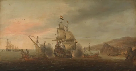 Bataille navale entre des hommes de guerre hollandais et des galères espagnoles, vers 1633-1650 (huile sur panneau)