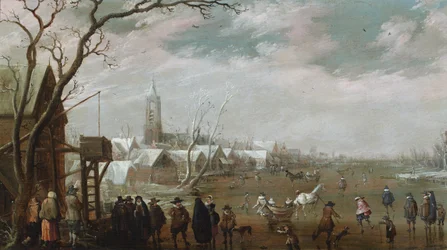 Scène de village en hiver avec des personnages sur la glace