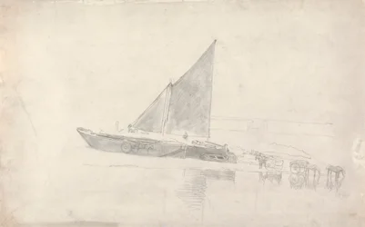 Étude de bateaux avec chevaux et charrettes