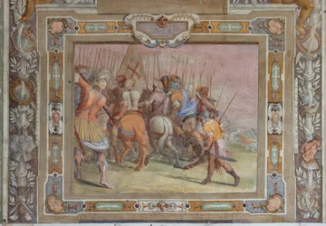 Scène de bataille tirée des Actes de Godefroy de Bouillon lors de la prise de Jérusalem, vers 1589-94 (fresque)