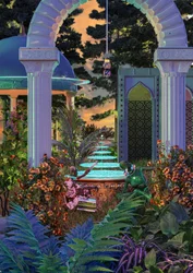 Fontaine de jardin exotique au coucher du soleil