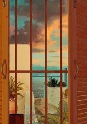 Vue depuis la fenêtre sur un coucher de soleil tropical