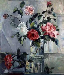 Roses sur un rebord dans un vase en verre, c.1922