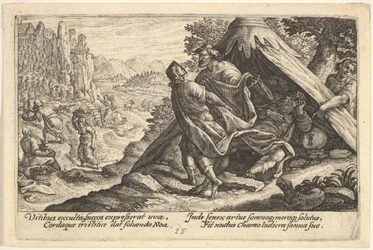 Ivresse de Noé : Sem et Japhet couvrent le corps nu de Noé, qui est allongé dans une tente, 1612