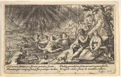 Le début du Déluge : hommes et femmes grimpent vers des hauteurs à droite, l