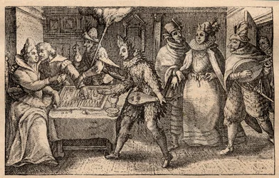 Une partie de backgammon avec des joueurs ambulants - Gravure sur cuivre néerlandaise; d
