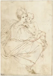 Jeune femme assise avec un enfant nu sur ses genoux