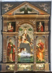 Madone couronnée et enfant avec anges, Saint Paul, Saint Pierre