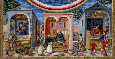 Détail de marchands vendant divers articles : à gauche, un marchand de fruits et légumes, au centre un meunier moulant du grain (Miniature, vers 1470)