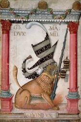 Symbole héraldique représentant un blason avec un lion, des étincelles et des seaux de Galeazzo Maria Sforza, page illuminée par Cristoforo de Predis du Codex du Nouveau Testament, varia 124, Italie 1475