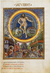 Saturne avec les signes du zodiaque du Verseau et du Capricorne. Les scènes de jeu et leur influence sur les hommes. (miniature, vers 1470)
