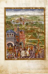Scène de torture et de condamnations dans une ville médiévale. Influences de Saturne (miniature, vers 1470)