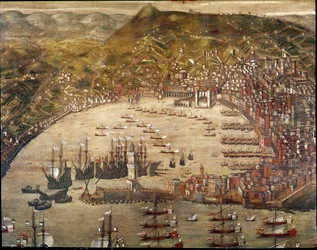 Vue de la ville et du port de Gênes, avec des navires y entrant (huile sur toile)