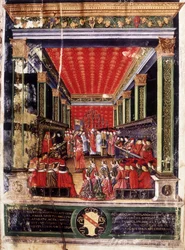 Investiture de Ludovic Marie Sforza dit le More (Ludovico Maria Sforza detto il Moro) (1452-1508) - enluminure du Missel du cardinal Arcimboldi, réalisée par le célèbre miniaturiste Cristoforo de Predis. Biblioteca Capitolare, Milan.