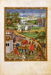 Influence de la Lune : scène de pêche, chasse et agriculture (miniature, c.1470)