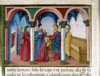 Jésus redresse une femme aux membres tordus dans une synagogue Miniature de Cristoforo De Predis