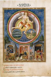 Jupiter avec les signes du zodiaque des poissons et du Sagittaire. Marchands vendant divers articles. (miniature, vers 1470)
