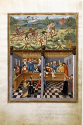Influence de Jupiter : chasse et cour. (miniature, vers 1470)