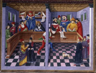 Le Tribunal dans "Influence de mars": la chasse et le tribunal. Miniature réalisée par Cristoforo de Predis (v. 1440-v. 1486) - dans "De Sphaera" d
