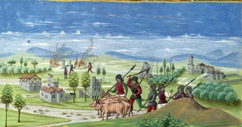 Pillage pendant la guerre. détail de « Influence du Soleil » : La Guerre. Miniature réalisée par Cristoforo de Predis (v. 1440-v. 1486) - dans « De Sphaera » d