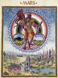Mars avec les signes du zodiaque du scorpion et du bélier. En bas, les scènes de bataille. Miniature réalisée par Cristoforo de Predis - dans « De Sphaera » d
