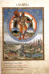 Mars avec les signes du zodiaque du scorpion et du bélier. Les scènes de bataille. (miniature, vers 1470)