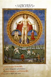 Mercure avec les signes du zodiaque de la Vierge et des Gémeaux. Paysans travaillant aux champs, miniature, vers 1470