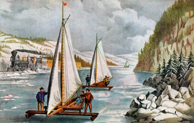 Course de bateaux sur glace sur la rivière Hudson, 19ème siècle