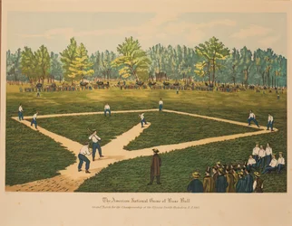 Le jeu national américain du baseball, vers 1866.