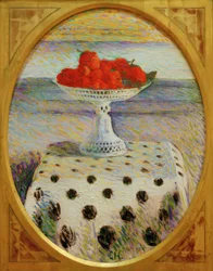 Nature morte avec fraises dans un bol en porcelaine ajouré