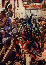 La brigade de fusiliers nettoyant un village (lithographie en couleur)