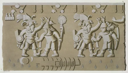 Bas-Relief de Guerriers Aztèques Anciens, de la Pierre de Tizoc Commemorant un Souverain Tenant ses Captifs par la Tête