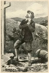 Christian devant la croix de "Le Voyage du pèlerin de ce monde à celui qui est à venir" par John Bunyan