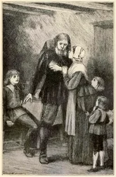 Christian confie à sa femme de The Pilgrims Progress From This World, To That Which Is To Come par John Bunyan (1628-1688) illustration par Thomas Dalziel (1823-1906) Christian avec le lourd fardeau