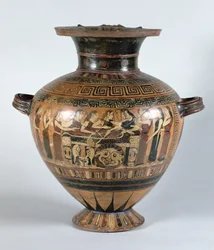Hydrie à figures noires représentant les Néréides pleurant Achille, vers 560-550 av. J.-C.