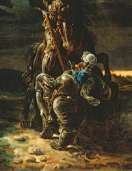Et dans la première carrière ils coururent, le chevalier elfe tomba cheval et homme (détail)
