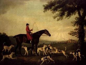 Chasseur avec des chiens dans un paysage