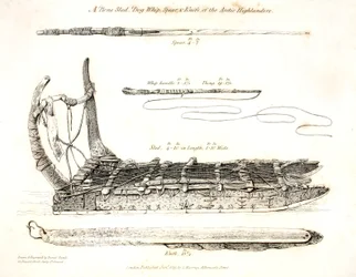 Un traîneau en os, un fouet pour chien, une lance et un couteau des Highlanders arctiques, illustration de 