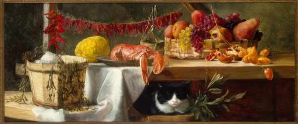 Nature morte avec poivrons, fruits, un homard et un chat