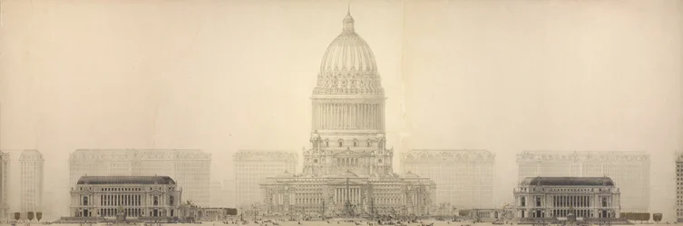 Planche 131 de The Plan of Chicago, 1909 : Chicago. Elévation montrant le groupe de bâtiments constituant le centre civique proposé.
