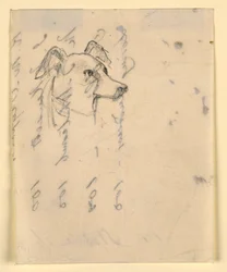 Dessin, tête de chien, probablement Milo (un Pointer), vers 1862