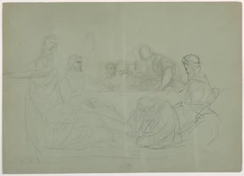 Dessin, Marie lavant les pieds du Christ, plusieurs hommes assis à une table ; verso : notes, 1852